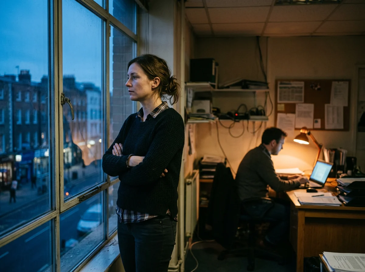 A founder standing at a window while her cofounder works at a desk behind her, tension in the room
