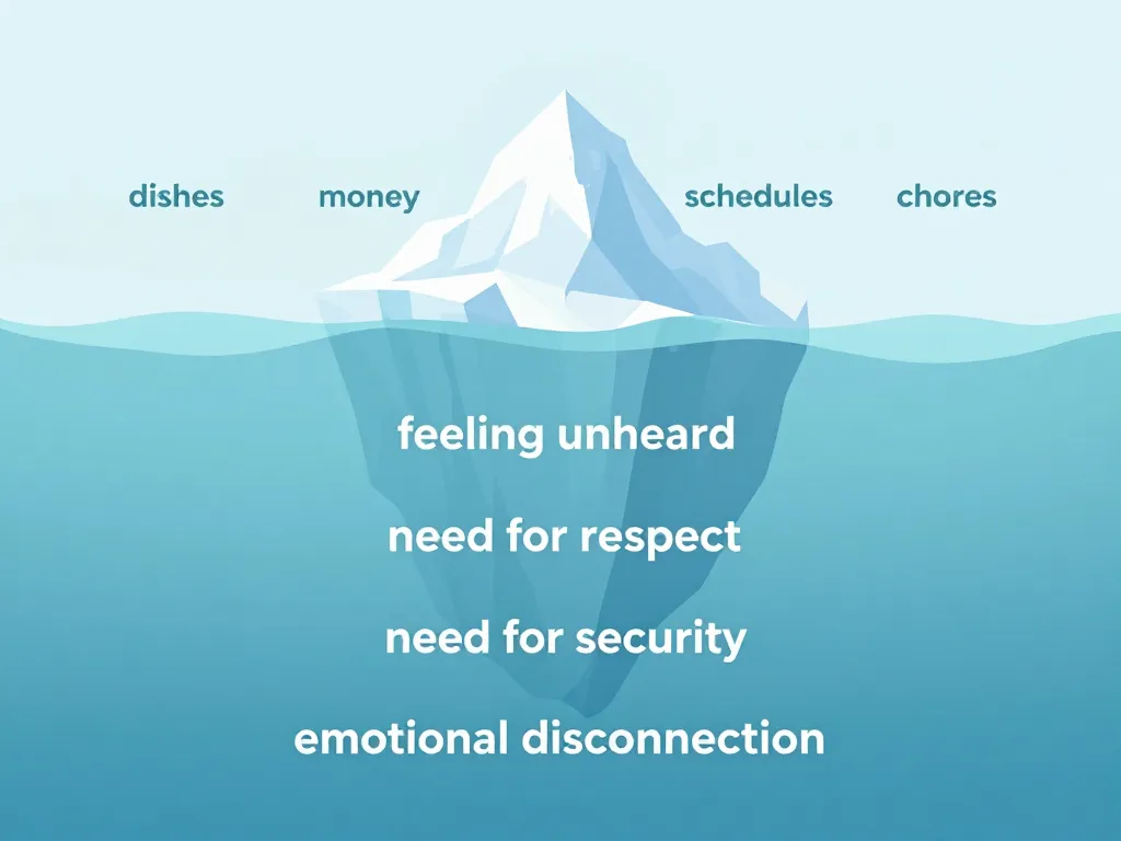 Iceberg diagram showing surface-level argument topics above the waterline and hidden emotional drivers below