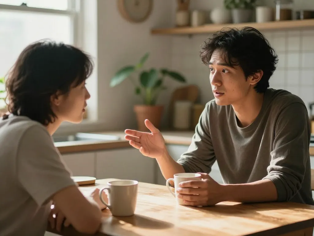A couple having an honest, calm conversation at a kitchen table, representing open communication about emotional needs