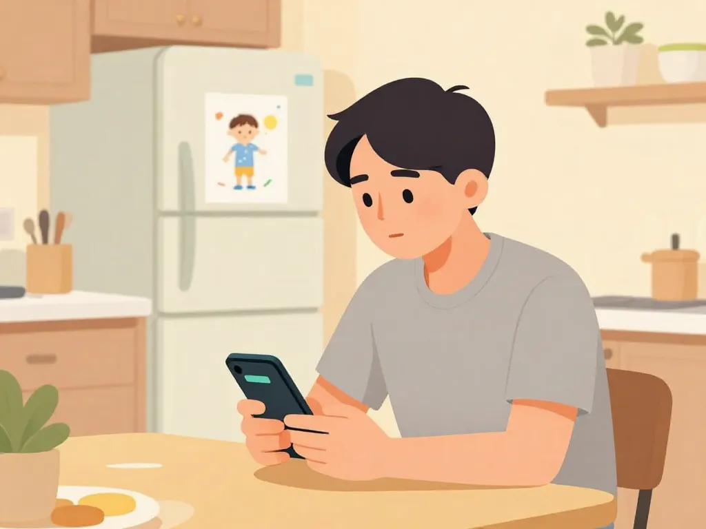 Illustration of a calm parent reading a message on their phone at a kitchen table in the evening