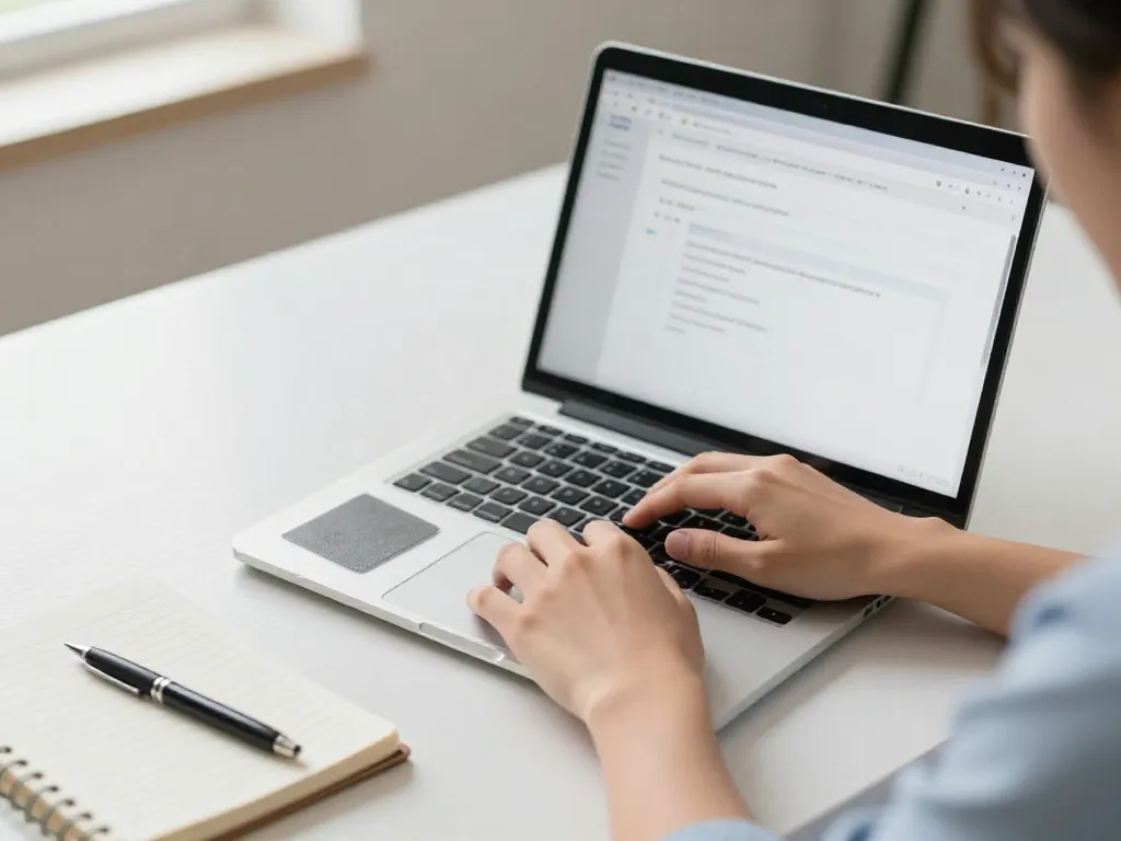 Person's hands typing a carefully worded email on a laptop at a clean, organized desk