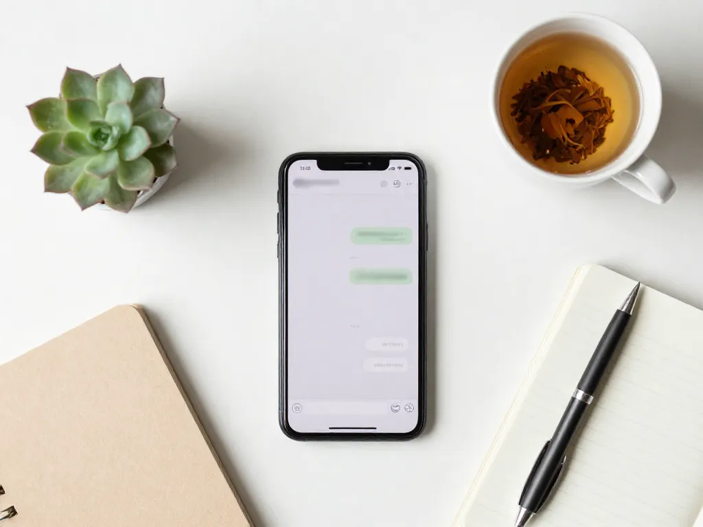 A calm workspace with a phone, tea, and notepad suggesting a mindful pause before responding to co-parenting messages