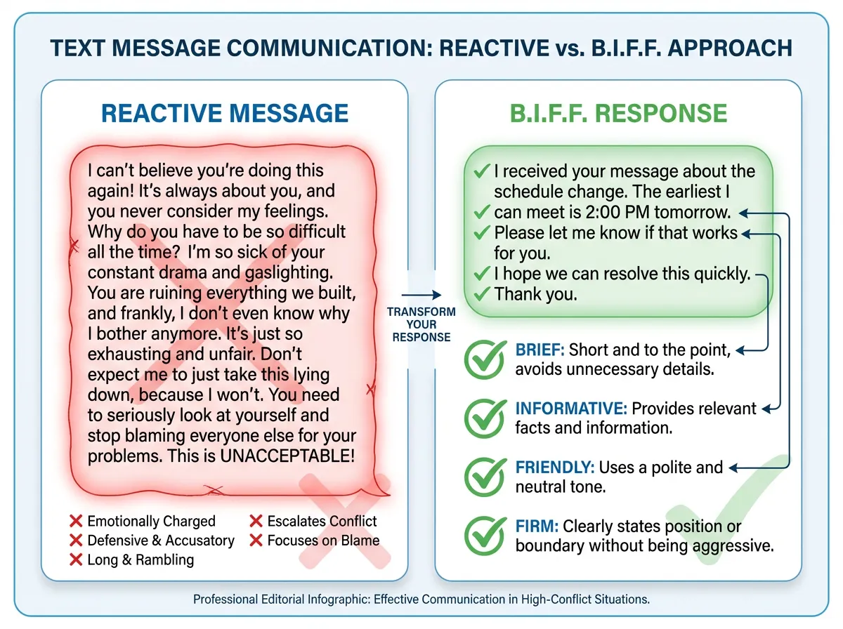 Infographic comparing a reactive co-parenting message with a structured B.I.F.F. response showing Brief, Informative, Friendly, and Firm elements