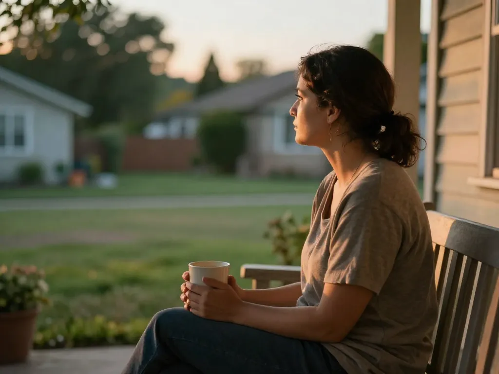 A parent sitting peacefully on a porch in the evening light, conveying emotional steadiness and calm self-care