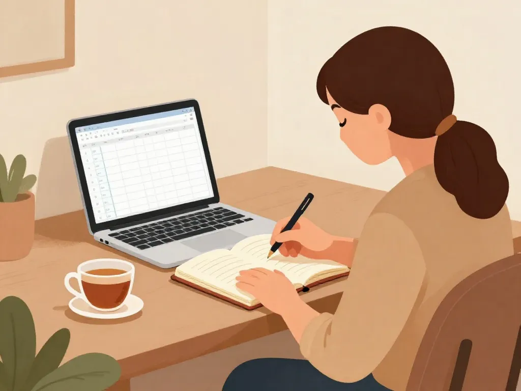 Illustration of a parent calmly documenting notes in a journal at a peaceful desk setup