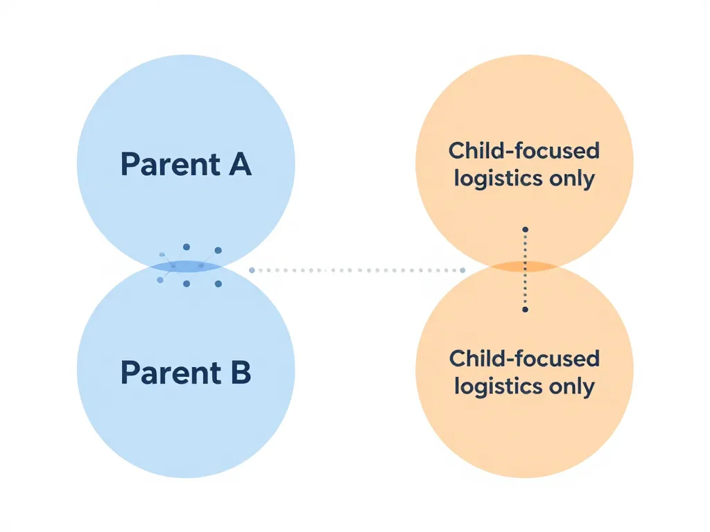 Illustration comparing cooperative co-parenting with many contact points versus parallel parenting with minimal, logistics-only contact between parents