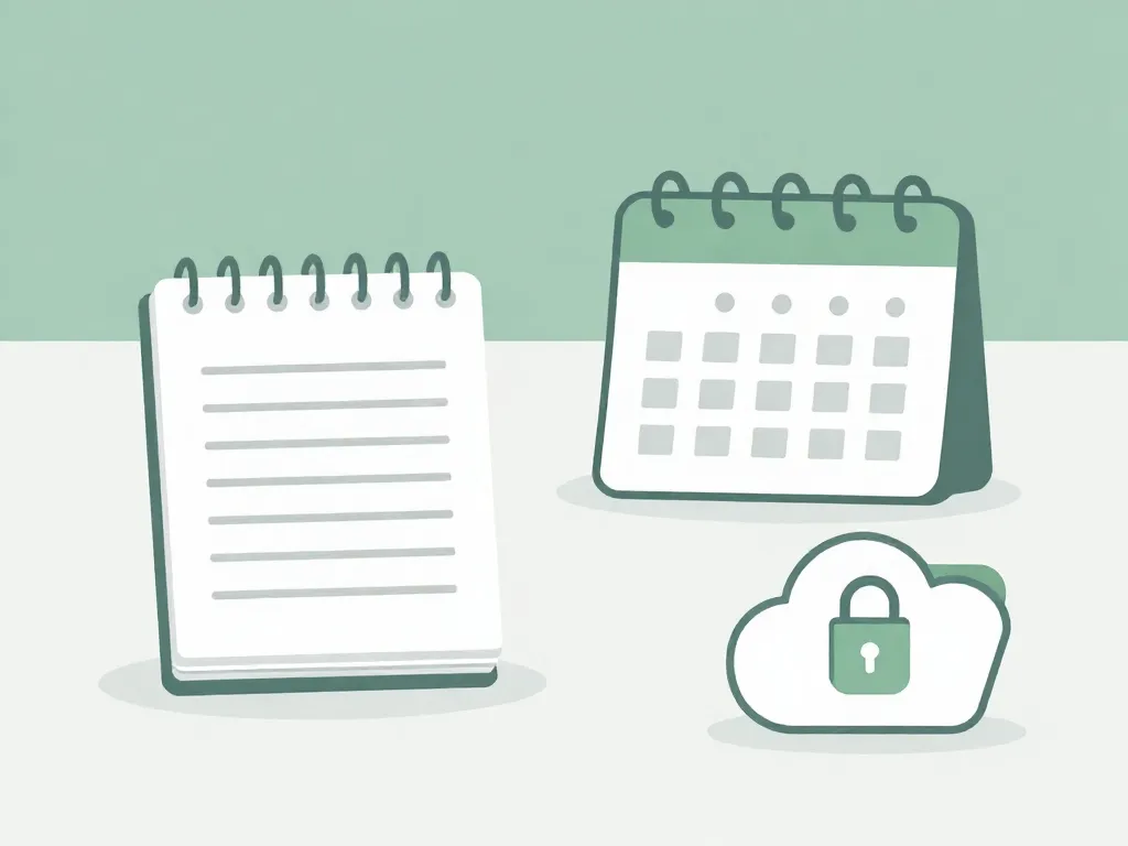 Illustration of a co-parenting documentation system showing a notebook, calendar with marked dates, and cloud storage folder on a clean desk