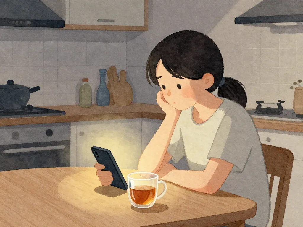 Illustration of a parent sitting alone at a kitchen table at night, looking at their phone with a contemplative expression