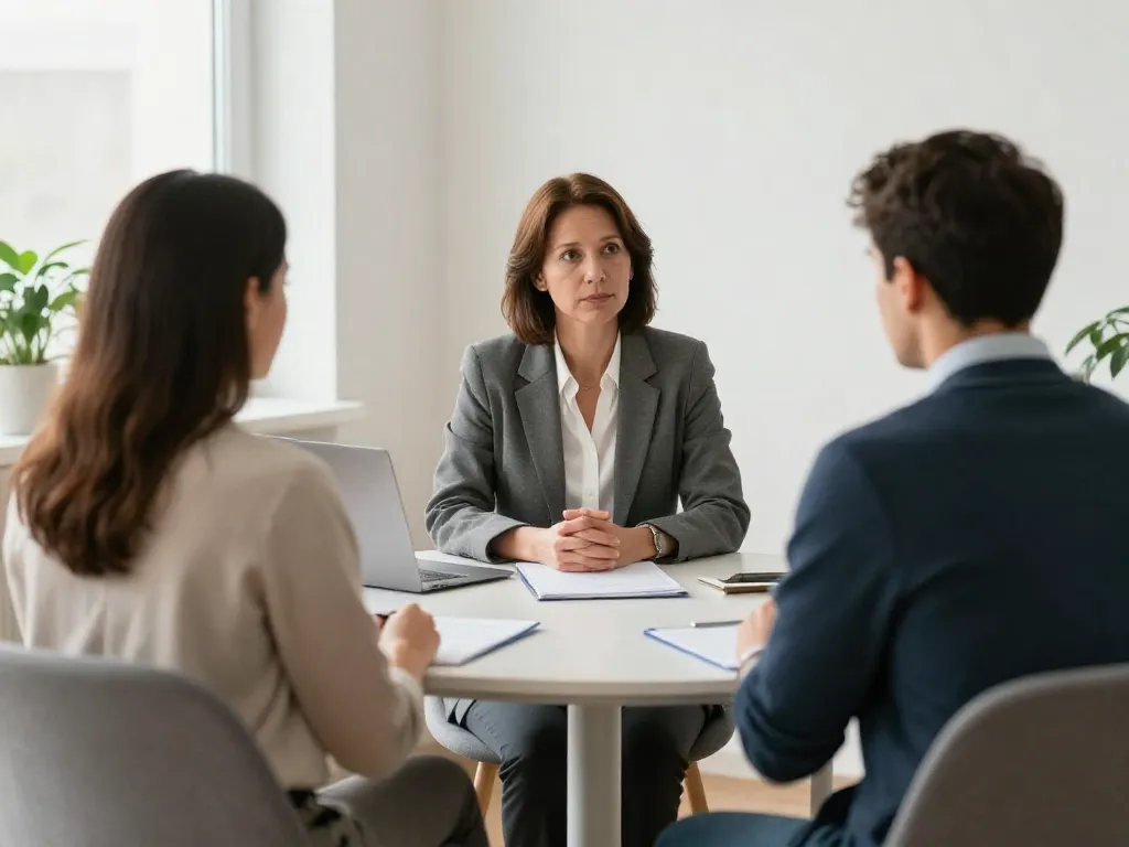 Two co-parents sitting with a mediator at a round table in a bright, neutral office setting during a mediation session