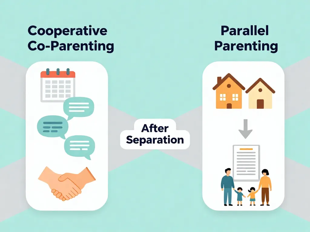 Illustration comparing cooperative co-parenting and parallel parenting as two valid paths after separation, with icons representing shared versus independent approaches