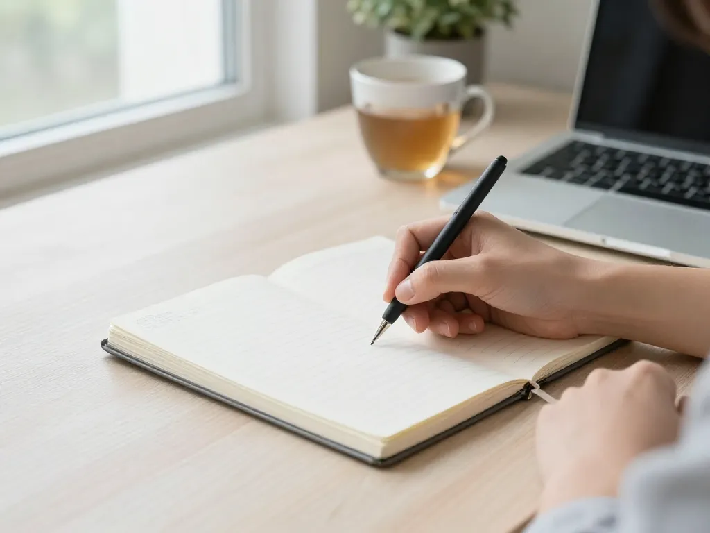 Hands writing a structured plan in a notebook beside a closed laptop, representing the intentional preparation involved in setting co-parenting boundaries