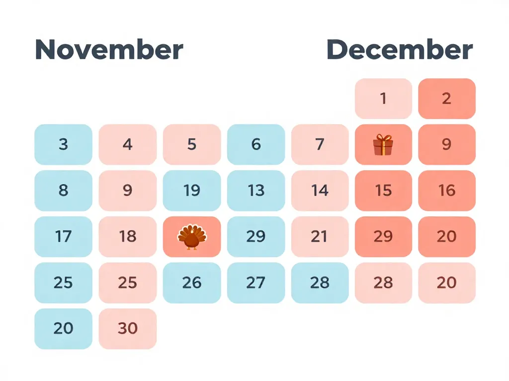 Illustrated holiday calendar with color-coded custody blocks showing how alternating holiday schedules are visually planned between two co-parents