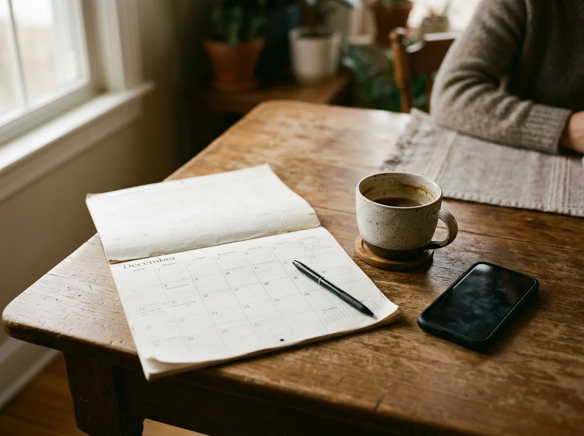 A December calendar and pen on a kitchen table in morning light