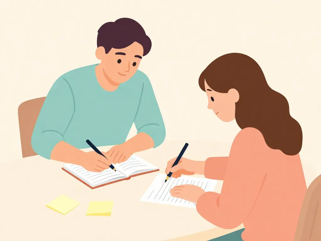 Illustration of a couple sitting together at a table collaboratively listing household tasks during a chore audit