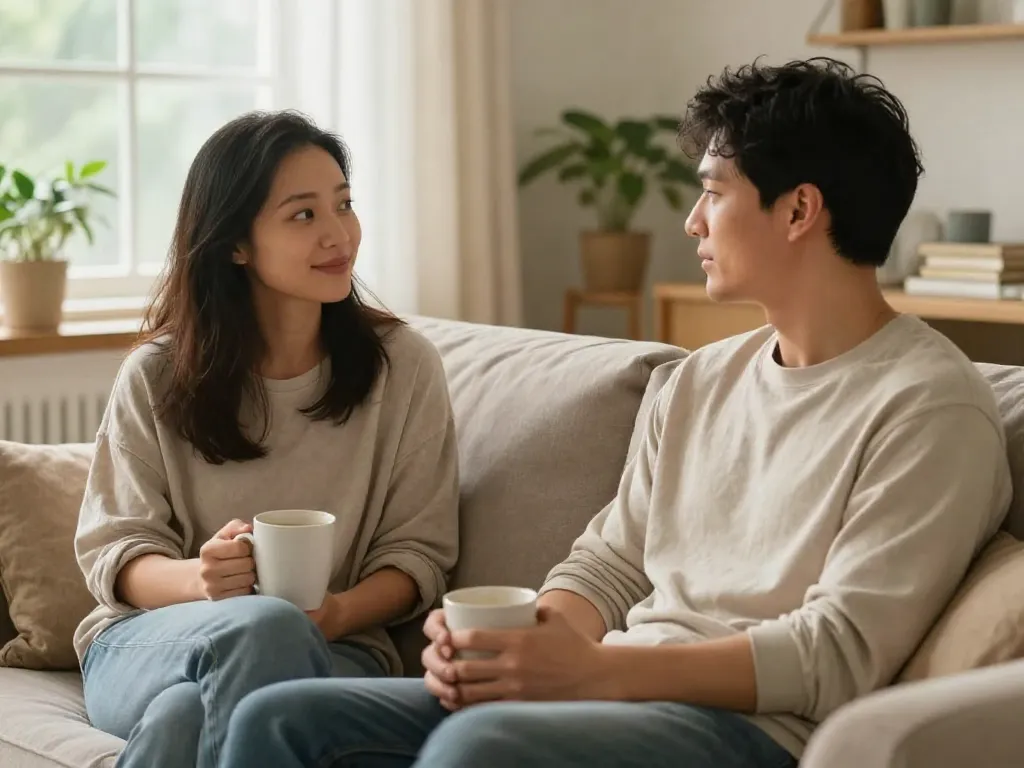 A couple having a calm, connected conversation on a couch with coffee, representing a productive household check-in