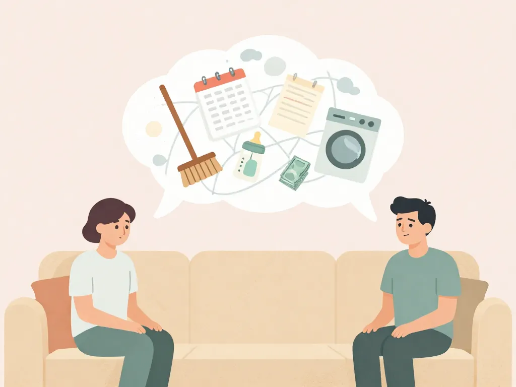 Illustration of a couple sitting apart on a couch with household tasks and responsibilities floating between them, representing the emotional weight of chore conflicts