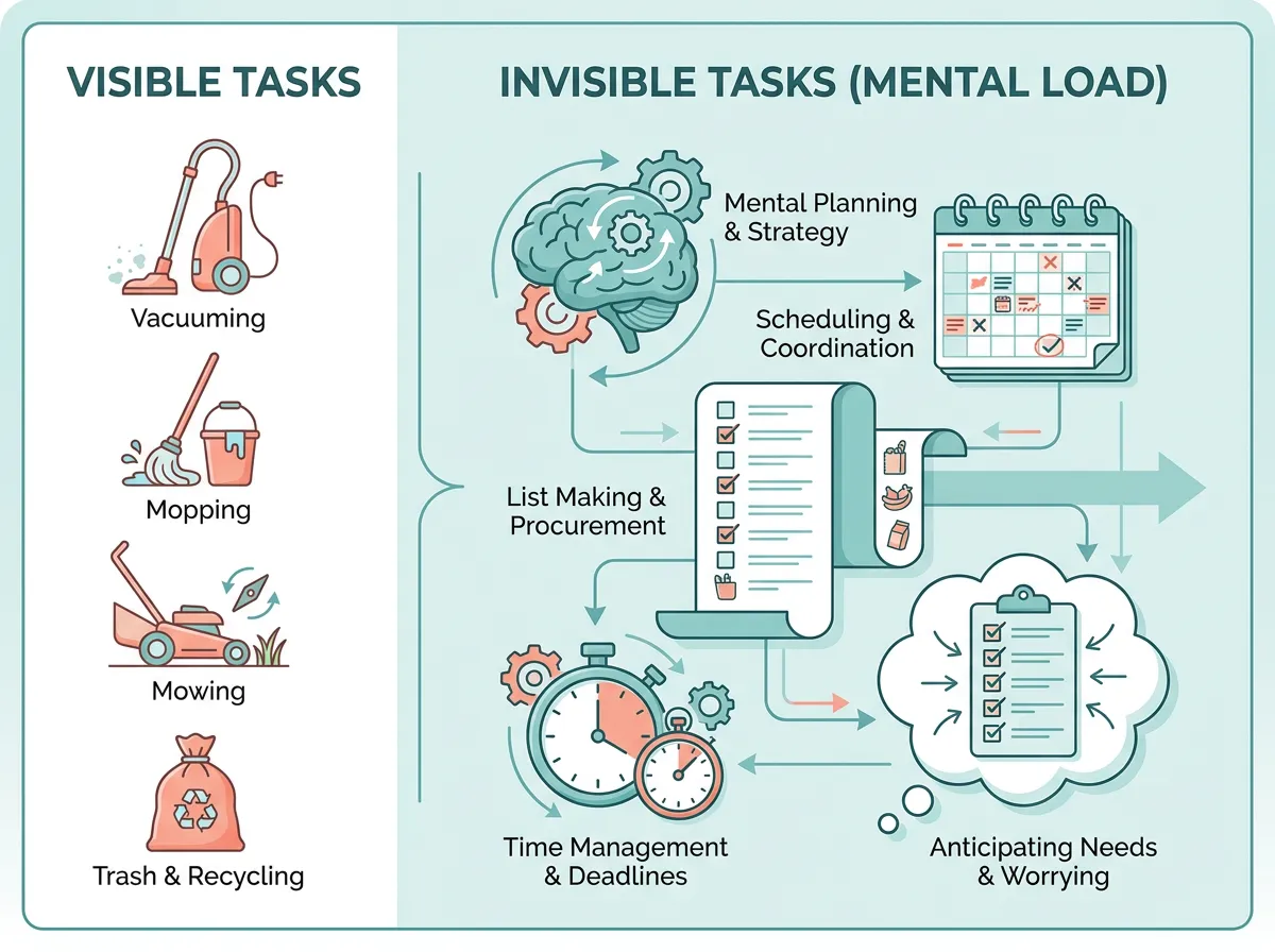 Infographic comparing visible household tasks like vacuuming and mowing with invisible mental load tasks like planning meals, scheduling appointments, and tracking supplies