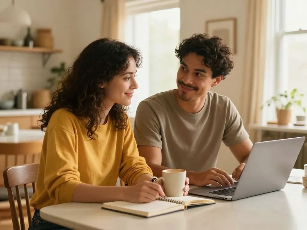 A couple sitting together at a dining table working collaboratively on a household task plan, representing equitable partnership and open communication