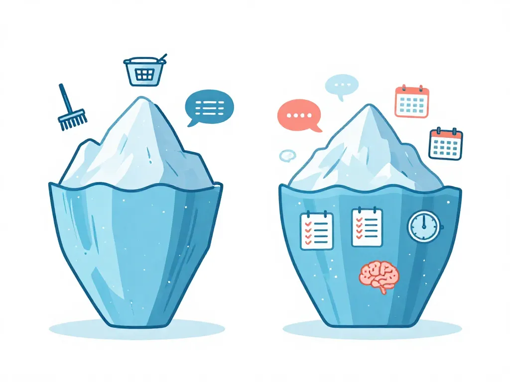Iceberg illustration showing visible household chores above water and invisible mental load tasks below the surface