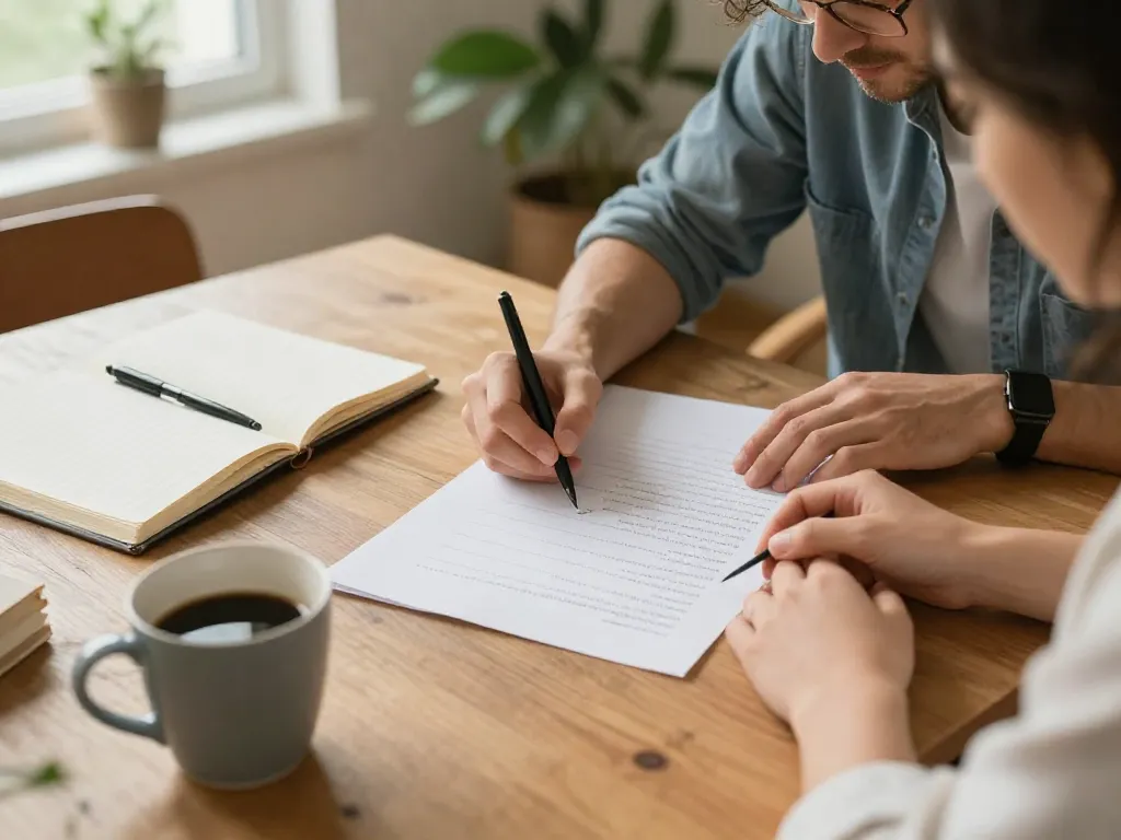A couple sitting together at a table collaboratively writing out a household task list with notebooks and coffee