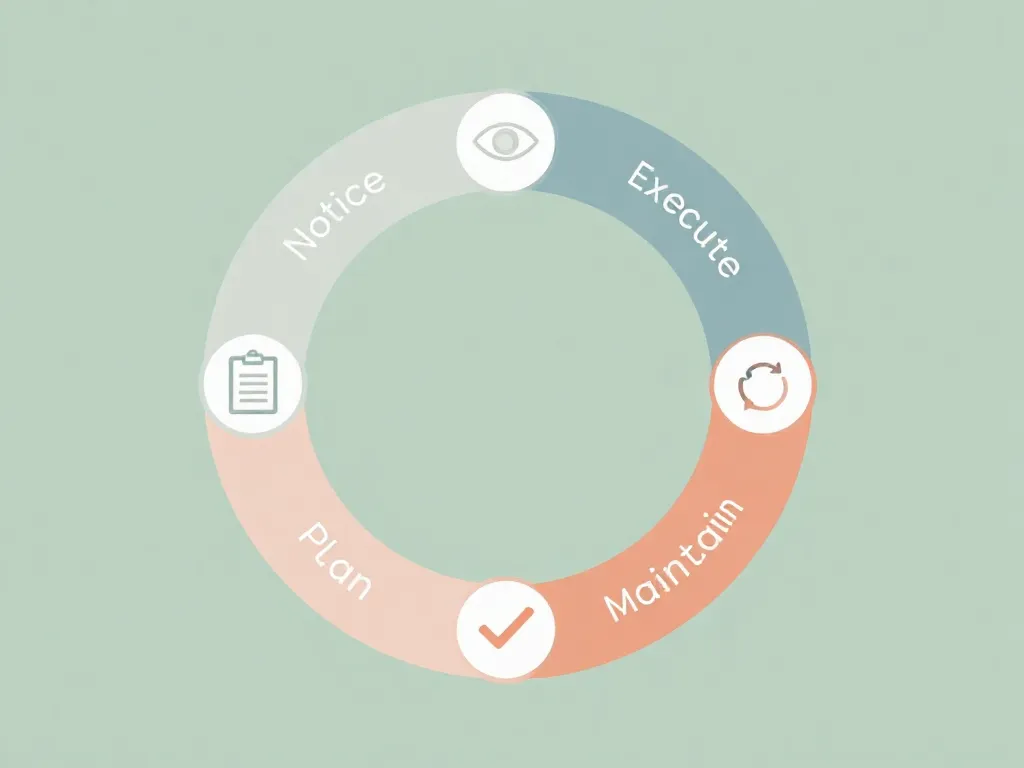 Circular diagram illustrating the four components of household task ownership: Notice, Plan, Execute, and Maintain