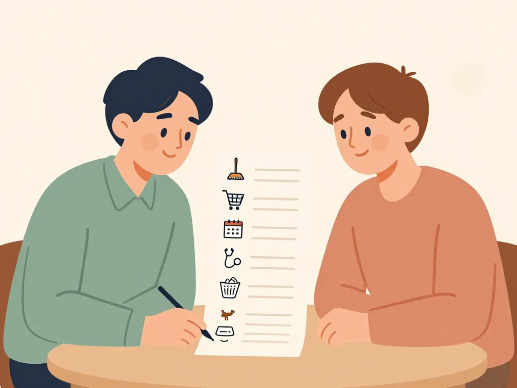 Illustration of a couple sitting together making a collaborative list of household tasks