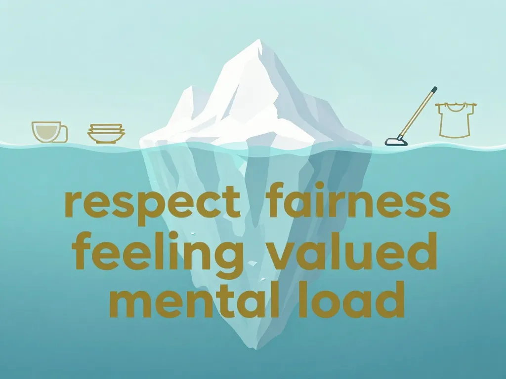 Iceberg illustration showing visible chores above the surface and deeper emotional needs like respect and fairness below