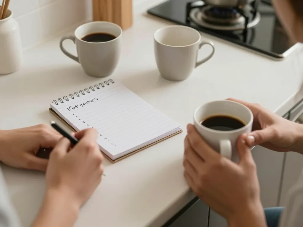 Overhead view of a couple's hands at a kitchen table with coffee and a handwritten household task checklist