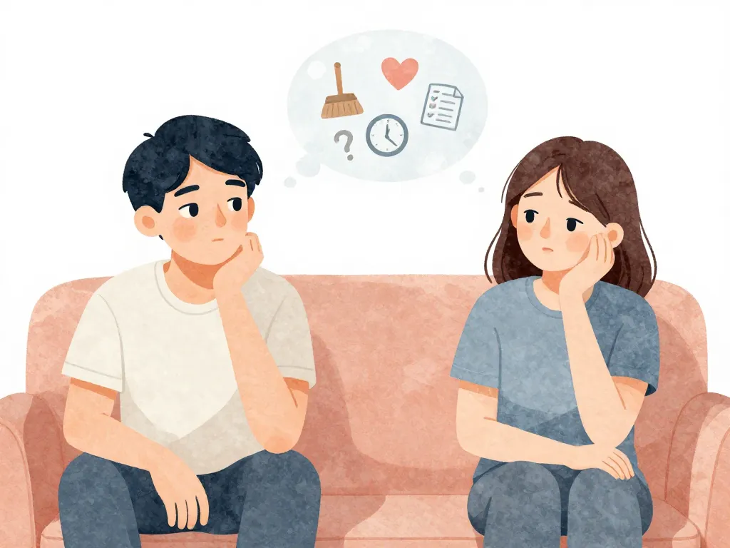Illustration of a couple sitting on a couch with a thought bubble showing icons representing the hidden emotional layers of housework conflicts