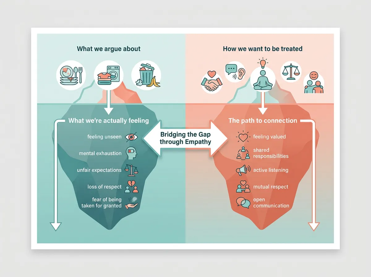 Iceberg infographic showing that surface-level chore arguments hide deeper emotional issues like feeling unseen, mental exhaustion, and unspoken expectations