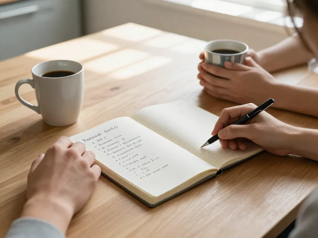 Overhead view of a couple's hands at a kitchen table with a notebook listing household responsibilities, suggesting a collaborative conversation about sharing the workload