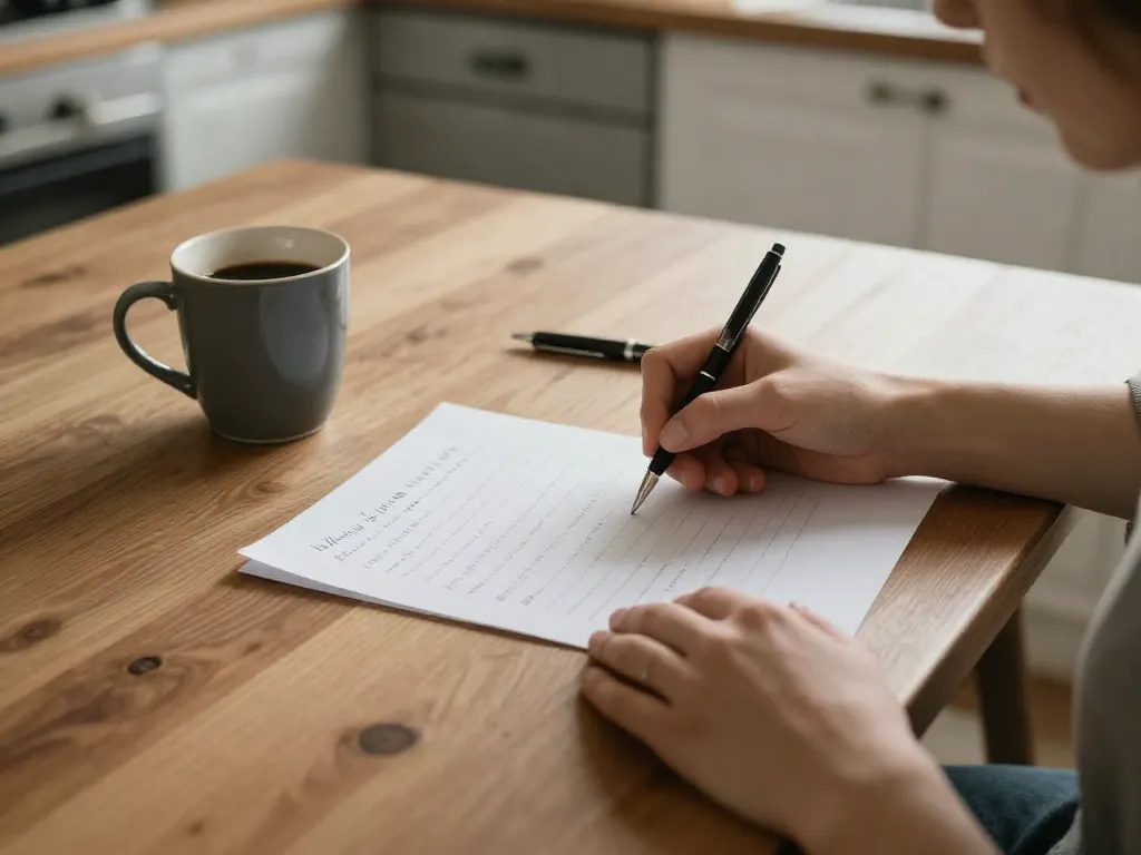 A couple's hands writing a household task list together at a kitchen table