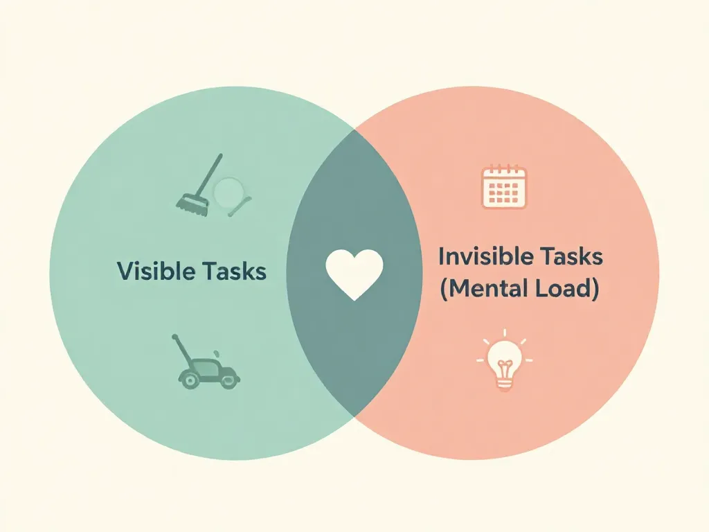 Illustration showing visible household tasks versus invisible mental load tasks in a Venn diagram