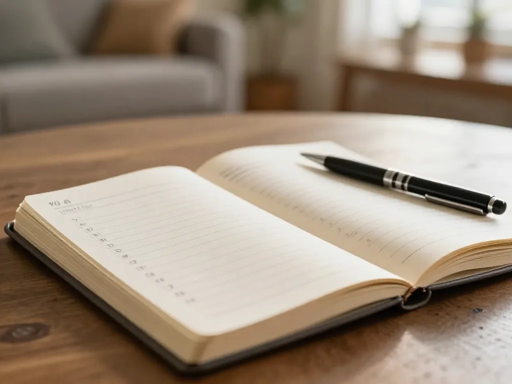 A notebook showing a handwritten chore division checklist with initials assigned to each task