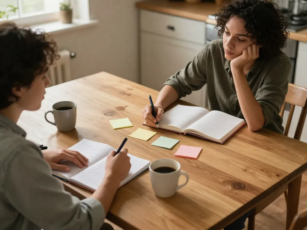 A couple sitting together at a kitchen table making a household task list, working collaboratively