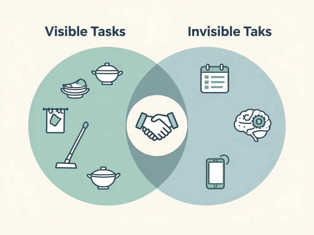Illustration showing visible household tasks versus invisible mental load tasks in two overlapping circles
