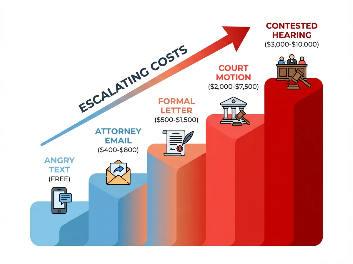 Infographic showing escalating costs of co-parenting conflict from angry texts to contested hearings