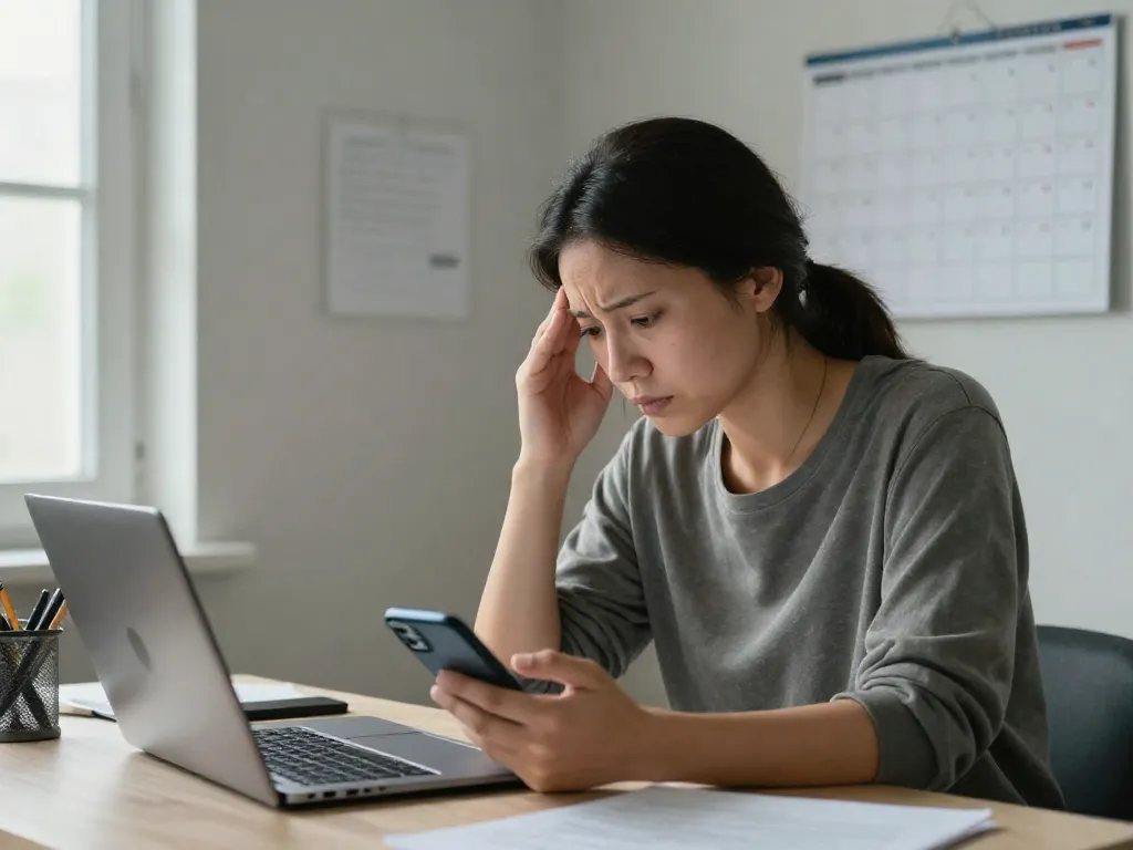 Stressed parent at a home desk managing work and co-parenting schedule disruptions simultaneously