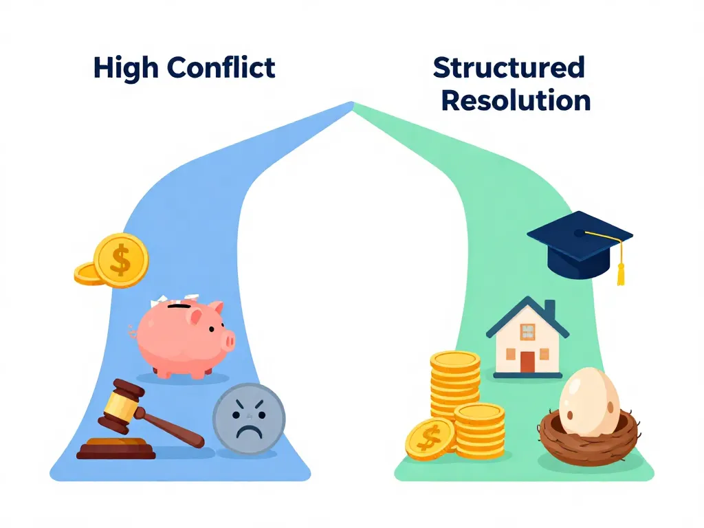 Illustration comparing the financial outcomes of high-conflict co-parenting versus structured conflict resolution