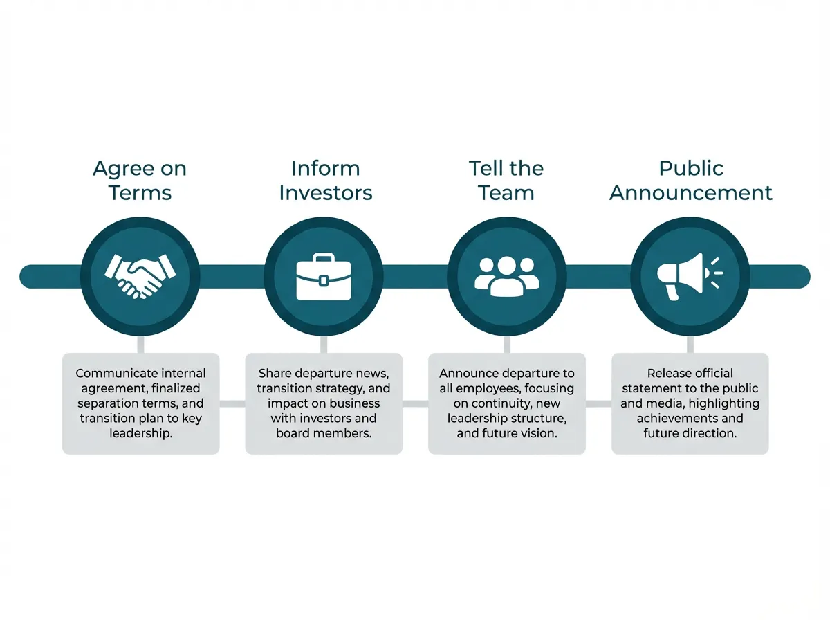 Timeline diagram showing the recommended order for communicating a cofounder departure to stakeholders