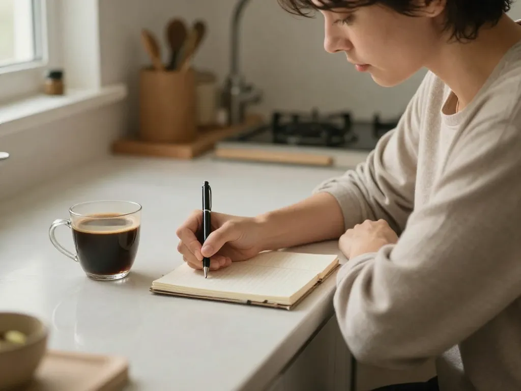 A parent writing thoughtful notes at a kitchen counter, preparing for a co-parenting meeting