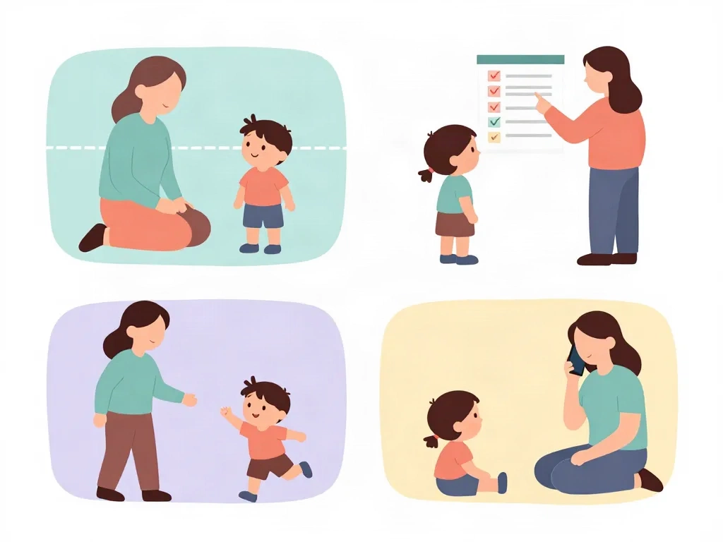 Illustration showing four parenting styles depicted as parent-child interactions in a 2x2 grid with pastel colors
