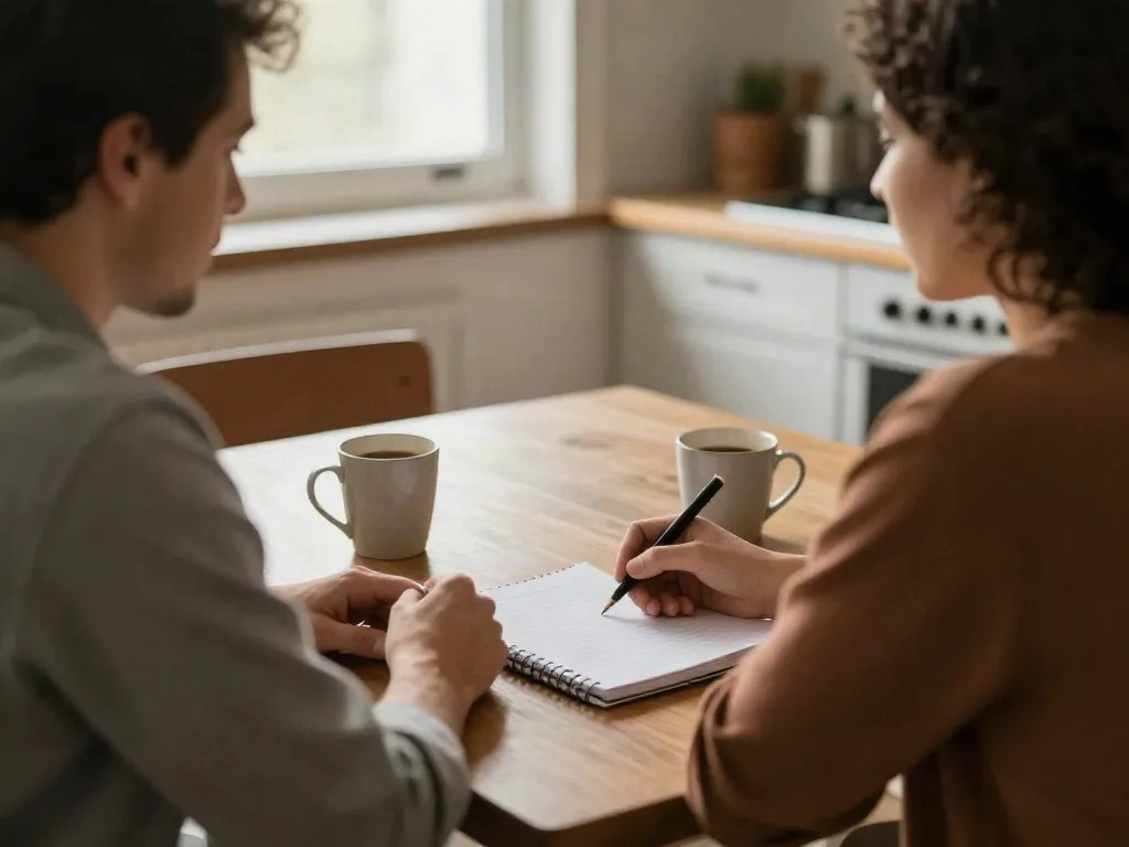 Two co-parents sitting at a kitchen table with a notebook, collaborating calmly on a shared parenting agreement