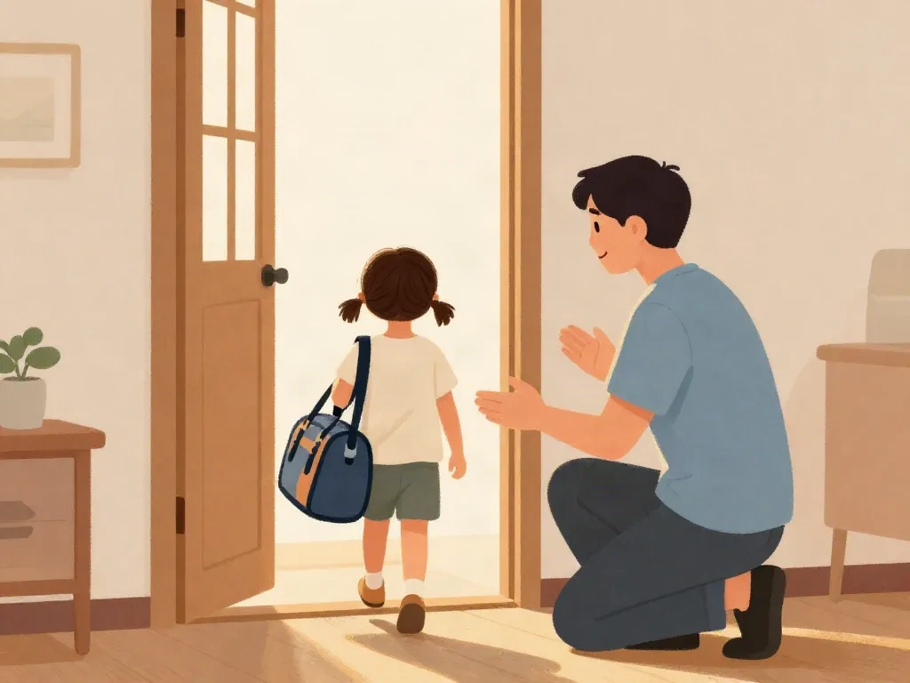 Illustration of a child arriving at a parent's home with an overnight bag, greeted warmly at the door during a co-parenting transition