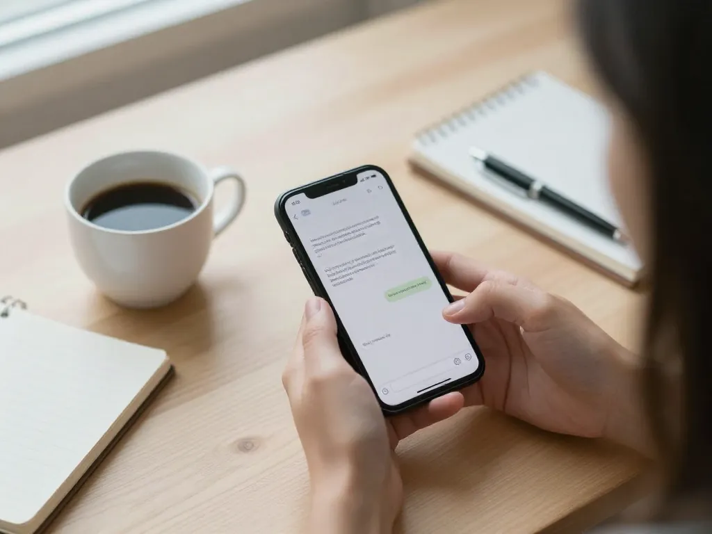 Overhead view of hands holding a phone with a calm text message on screen, beside a coffee cup and notebook on a wooden desk