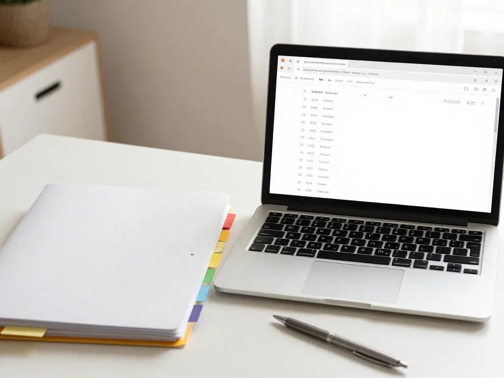 An organized desk with a laptop showing neatly filed emails and a physical folder, representing systematic documentation of co-parenting communication
