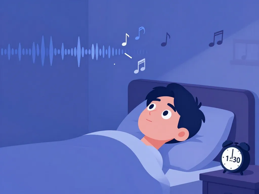Illustration of a person lying awake in bed at night while noise comes through the wall from a roommate's room