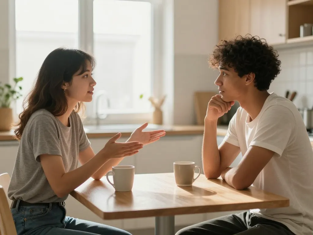 Two roommates having a calm, constructive conversation at their kitchen table over coffee
