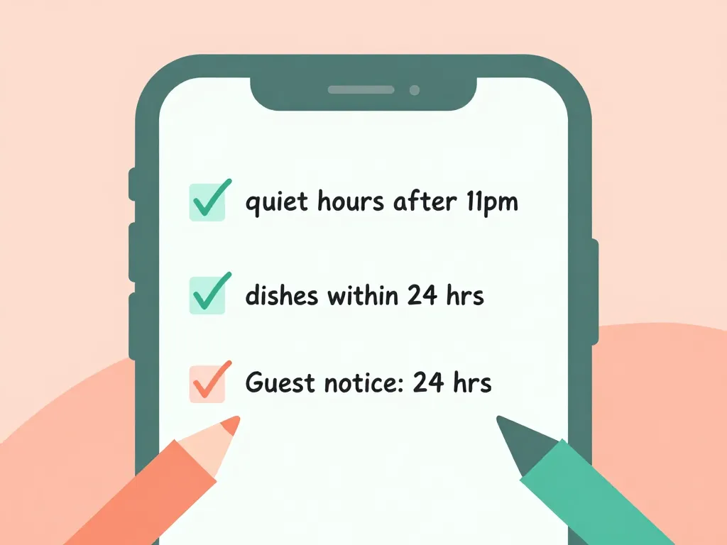 Illustration of a simple written roommate agreement with shared rules and checkmarks
