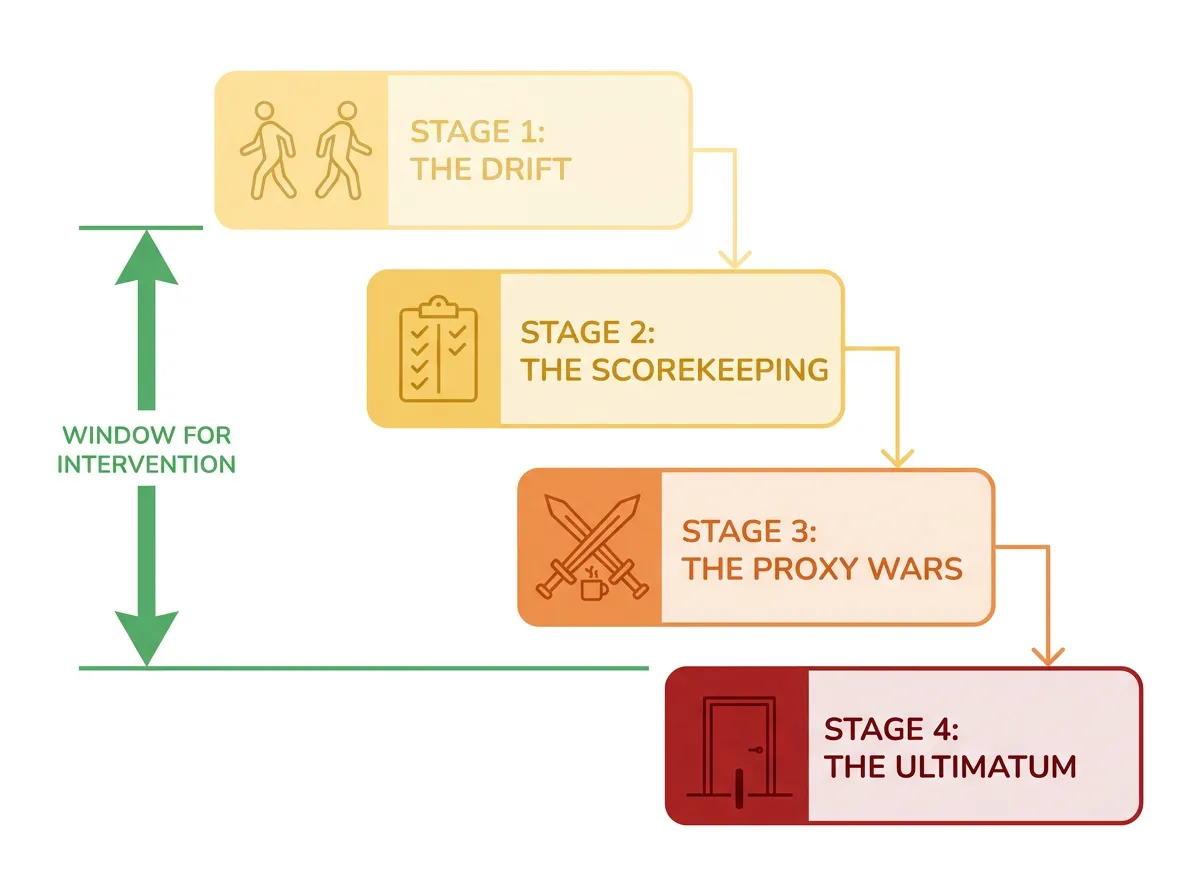 Infographic showing the four stages of cofounder conflict: The Drift, The Scorekeeping, The Proxy Wars, and The Ultimatum, with the intervention window marked between stages one and three